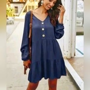 Small V-neck Button Smock Dress